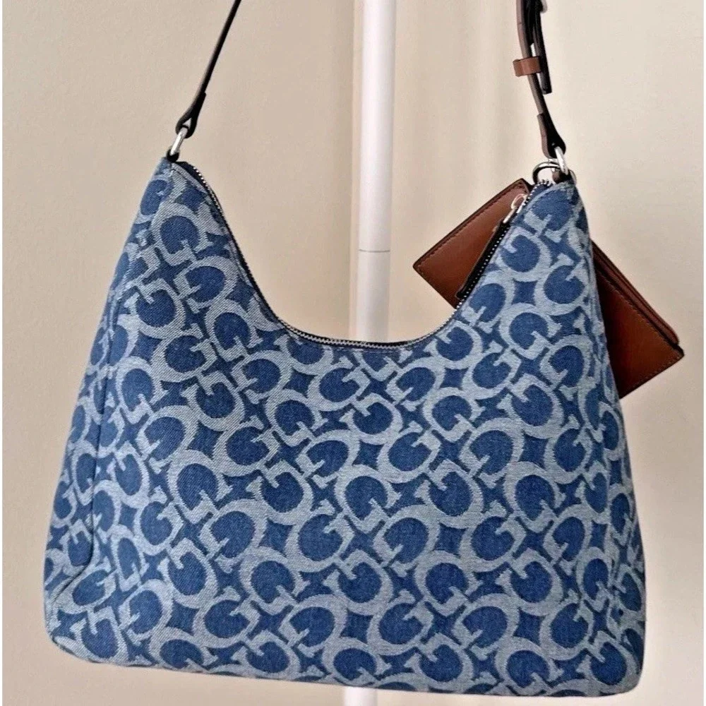 Guess Hobo Shoulder Bag Denim Blue Print Satchel Wells W/ Small Zip Card Pouch